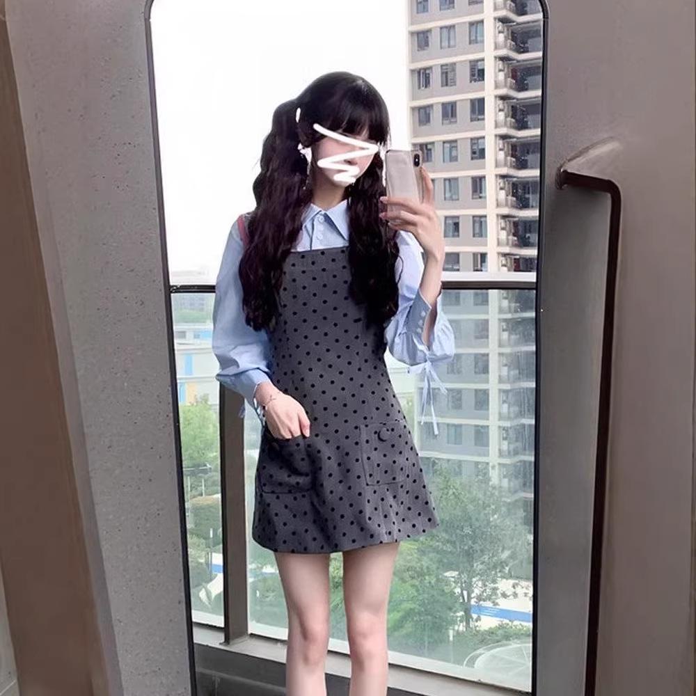 Elegant Korean Style Polka Dot Slimming Dress with Lace-Up Long Sleeves, Black