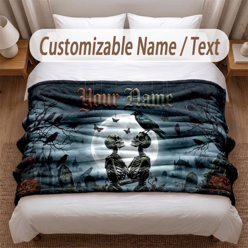 Skull Gothic Theme Soft Blanket Personalized Custom Name Text Print Warm Blanket Home Sofa Bedroom Decor