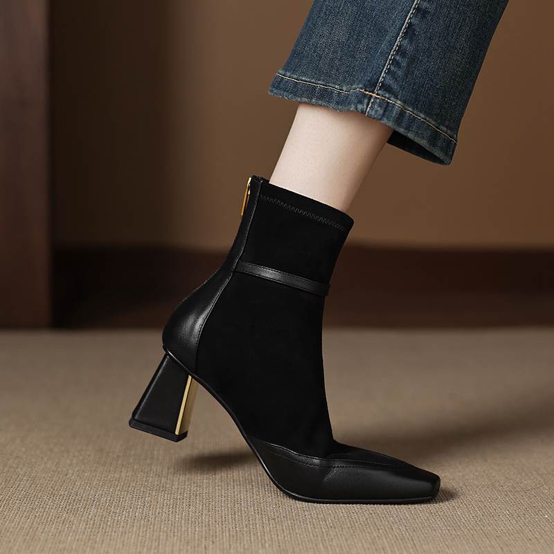 Krazing Pot Flock Cow Skin Square Toe Thick Heels Chelsea Boots Size 42 Beauty Lady Women Modern Fashion Girl Ankle Boots