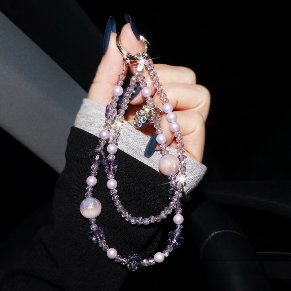 Phone Chain Double Chain Light-Changing Pearl Crystal Butterfly Beaded Hanging Chain Decorative Lanyard Fashion Versatile Phone Accessories