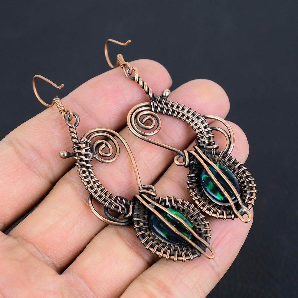 Ammolite Earrings Gemstone Jewelry, 999 Copper Wire Wrapped Handmade Earrings, Latest Design Jewelry