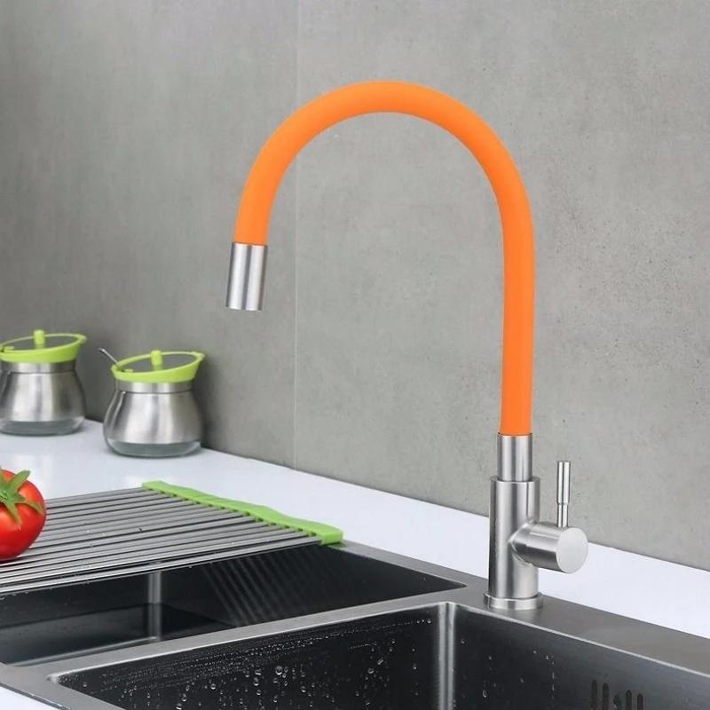 Colorful Tube Silicone Kitchen Sink Faucet Universal Single Cold Water Tap 360Degree Rotating Flexible Hose Basin Tap Deck Mount