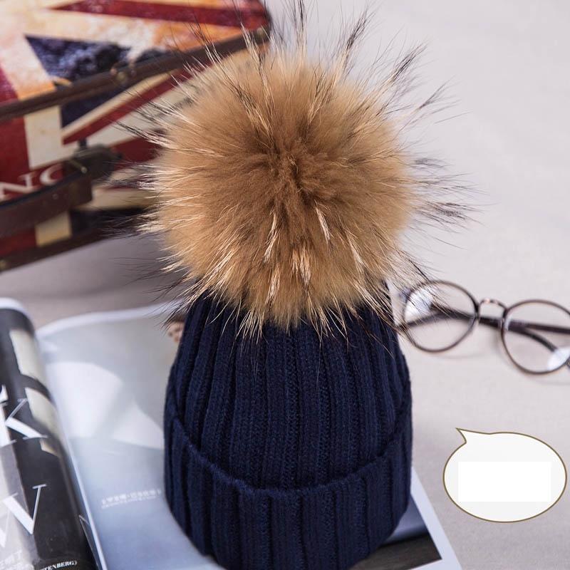 Real Winter New Raccoon Fur Hats Pom Pon Women Lady Knit Beanie Bobble Cap