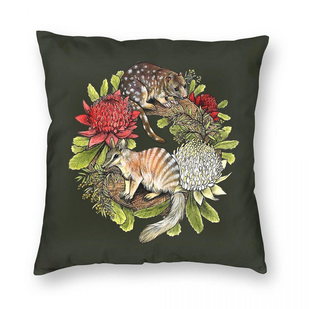 Quoll And Numbat Christmas Wreath Square Pillowcase Polyester Linen Velvet Pattern Zip Decorative Room Cushion Case Peach skin 18*18(CM)-1Pcs