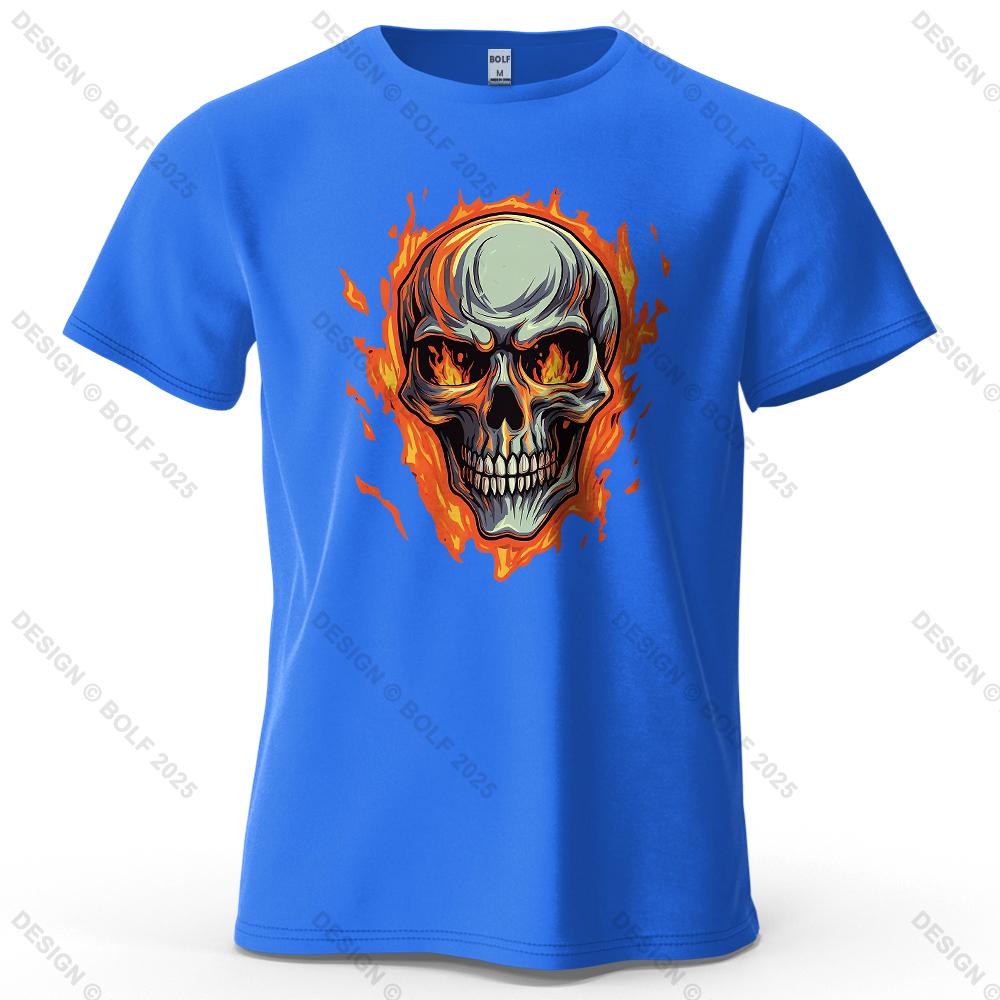Flaming Skull Biker Fashion Printed Men's T-Shirt 100% Cotton Oversized Tattoo Art Graphic Tees for Women Tops Tees Streetwear