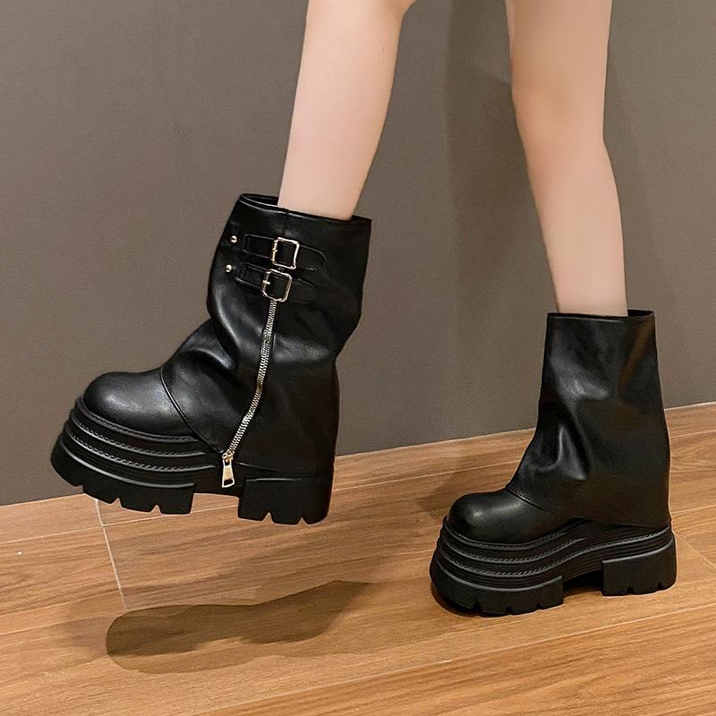 Fashion Women High Platform Ankle Boots Autumn Winter Gothic Style Leather Shoes Buckle Punk Motorcycle Boots Round Toe Chunky Sneakers