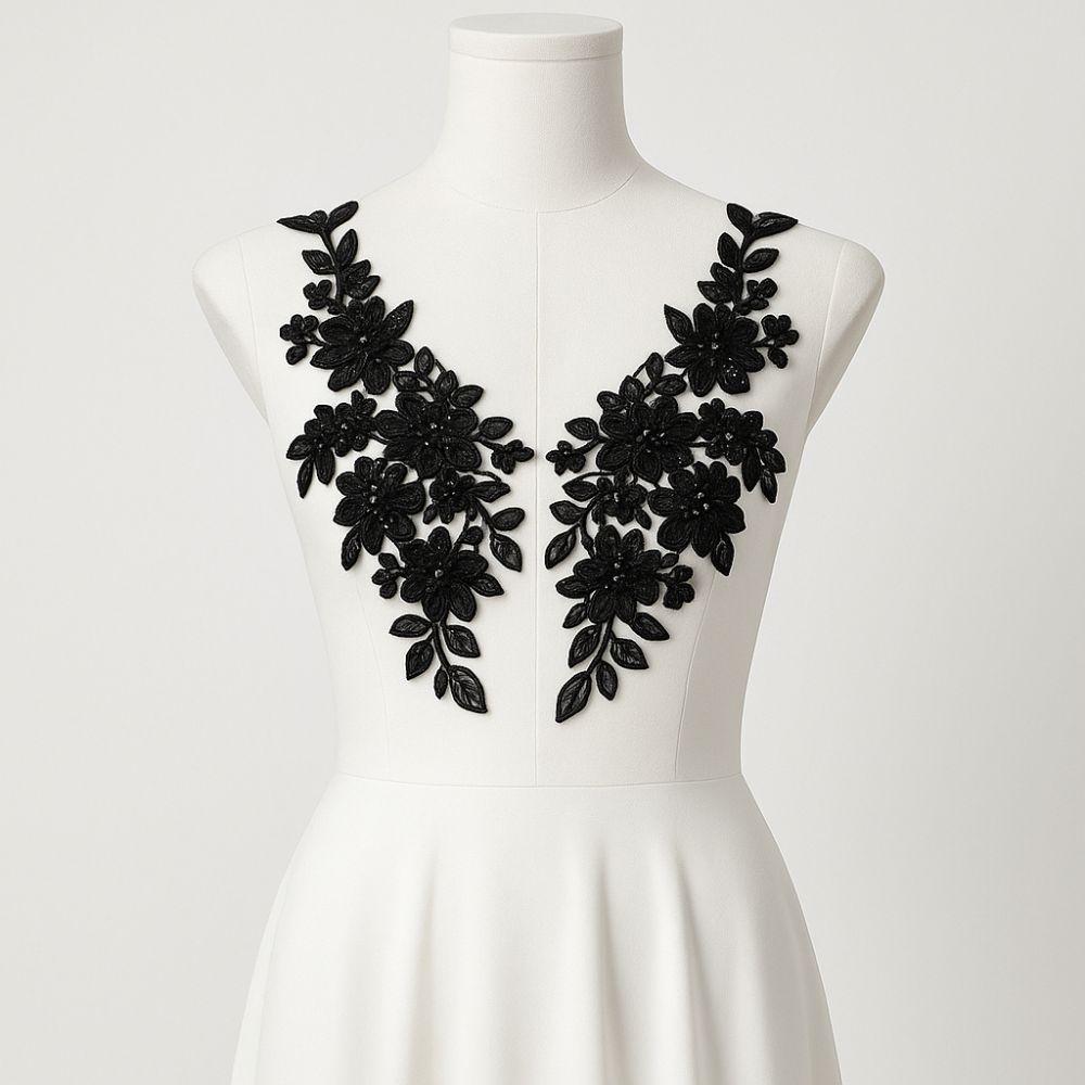 1 Pair Black White Beads Lace Embroidery Patch Knitting Floral Clothing Appliqué  Evening Gown