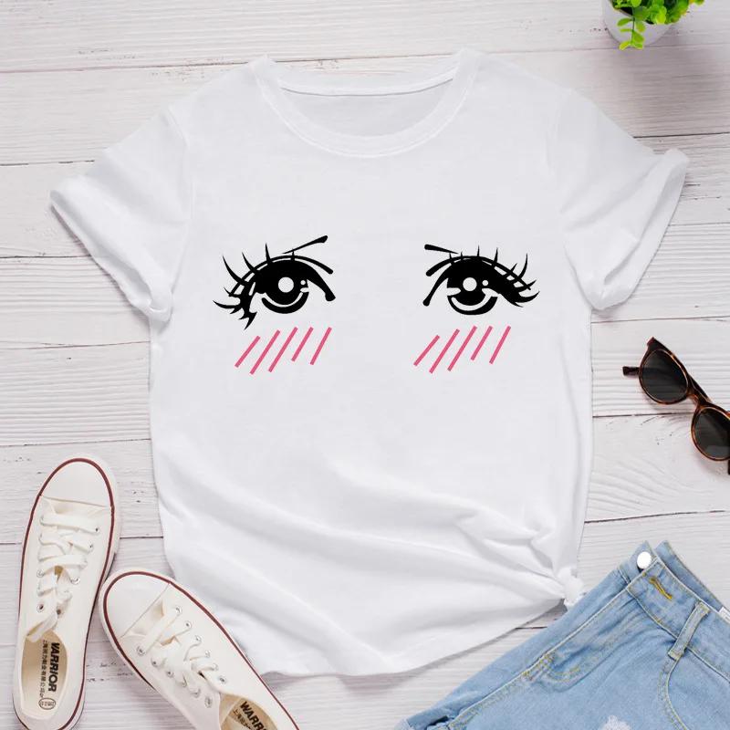 Cute Eyes Shy Face Print Women T Shirt Short Sleeve O Neck Loose Women Tshirt Ladies Tee Shirt Tops Clothes Camisetas Mujer