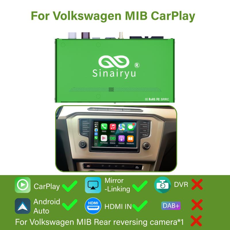 

Sinairyu Беспроводной CarPlay Android Auto DAB DVR HDMI совместим с Volkswagen Golf Skoda Seat MIB System Mirror Link Without DVR/DAB/Camera