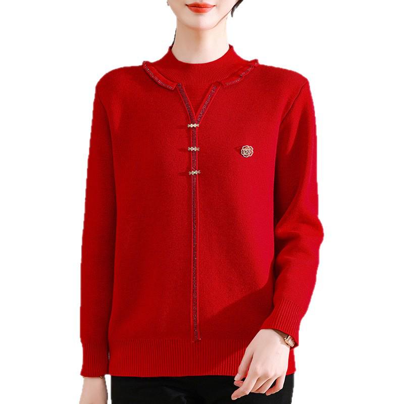 Mom's Velvet-Lined Faux Two-Piece Winter Sweater for Chinese New Year - Warm Base Layer for Middle-Aged & Elderly Women