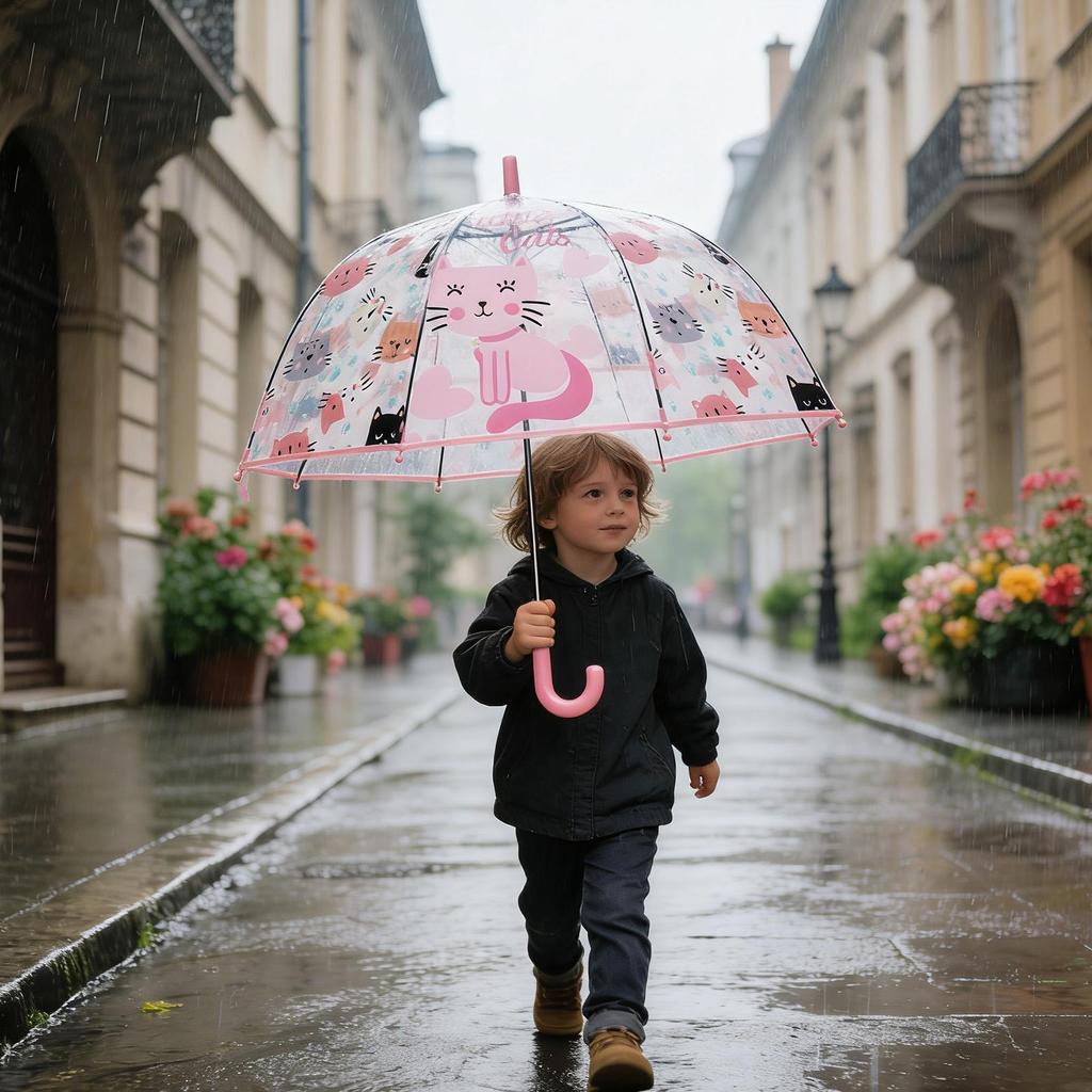 Clear Kids Umbrella Transparent Dome Windproof Safety Round Tip Easy Grip Hook Handle for Toddler Boys Girls Rainy Walking Play