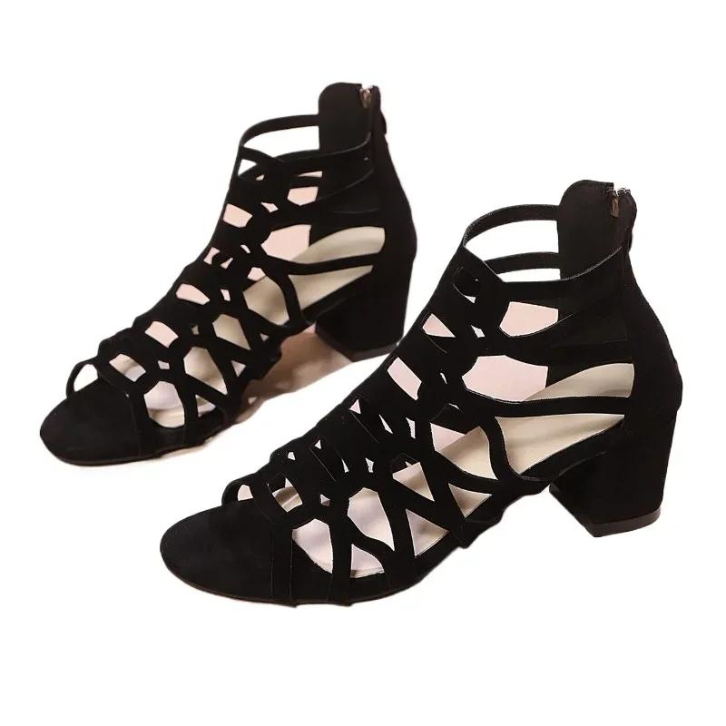 Ladies Shoes 2025 Summer Rome Peep Toe Women's Sandals Narrow Band Chunky Heel Back Zip Fashion Retro Daily Dress Heeled Sandals