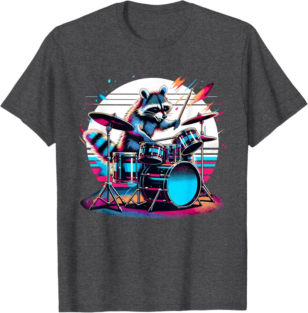 Raccoon Drummer Musician Retro Graphic TShirt Breathable Casual Cotton Tee