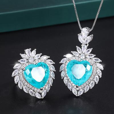 Jewelry Copper Bottom Gold-Plated Simulation Paraiba Heart Pendant Ring Set Main Stone 15 * 15