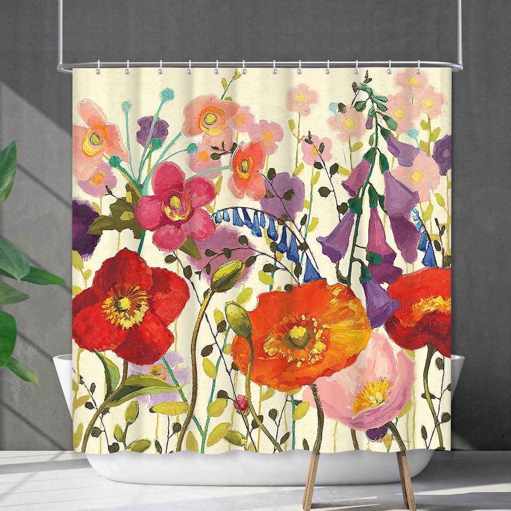 Duschvorhang Wasserdicht Und Schimmelresistent 3D Digitaldruck Pflanze Blume Und Gras Duschvorhang Badezimmer Trennvorhang
