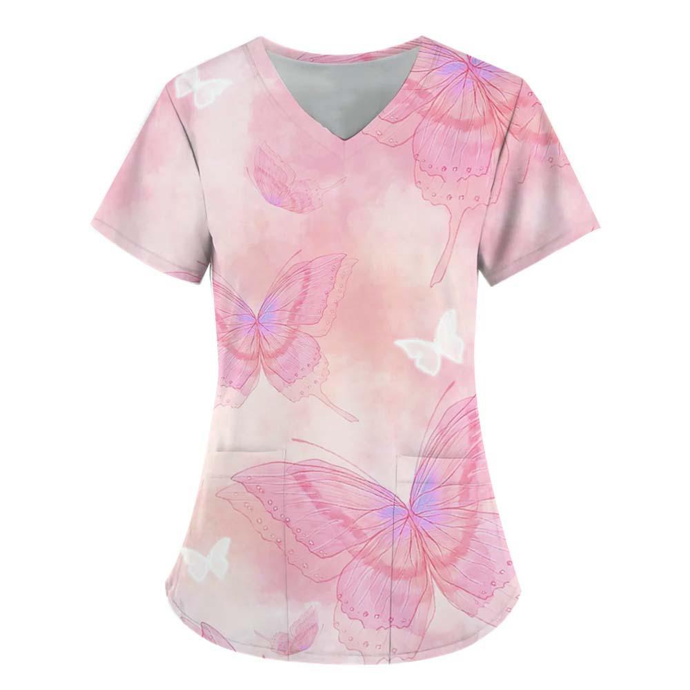 Women's T-shirt V-neck Nurse Uniform Commuting Comfortable Short Sleeved Butterfly Printed T-shirt for Women