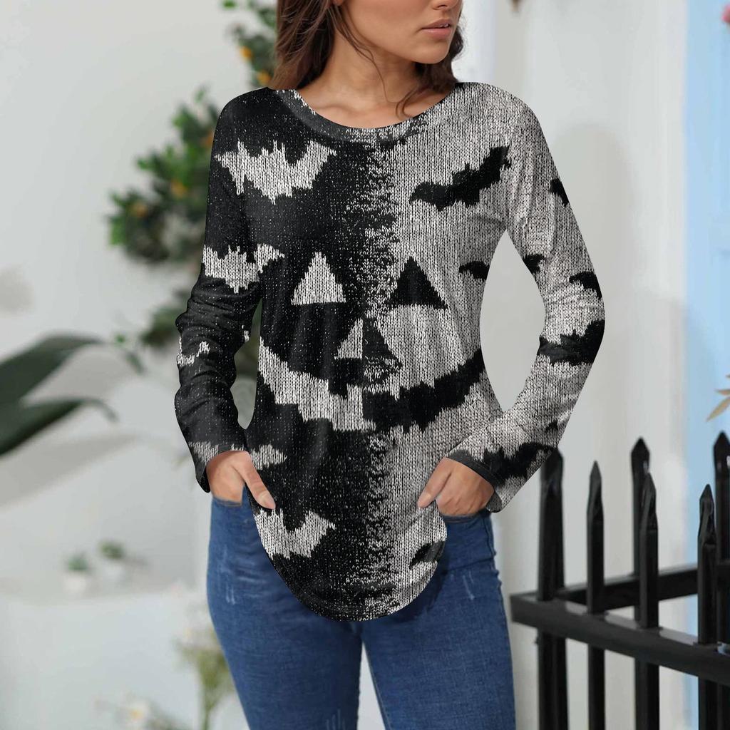 Women's Loose Fit Long Sleeve T-Shirt with Retro Halloween Print, Neck Pullover Top