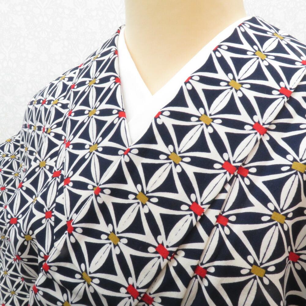 Wool kimono, single garment, navy blue, white x red x yellow, hemp leaf cloisonn style, drumstick collar, casual kimono, everyday kimono, finished