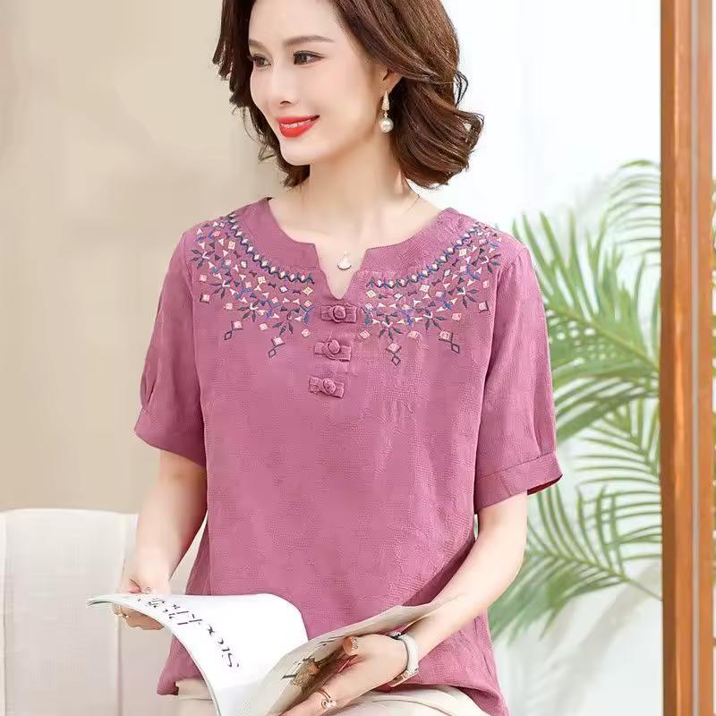 Women's Elegant Loose Casual Top Solid Color Plus Size Button Cotton Linen Short Sleeved Plus Size T-shirt