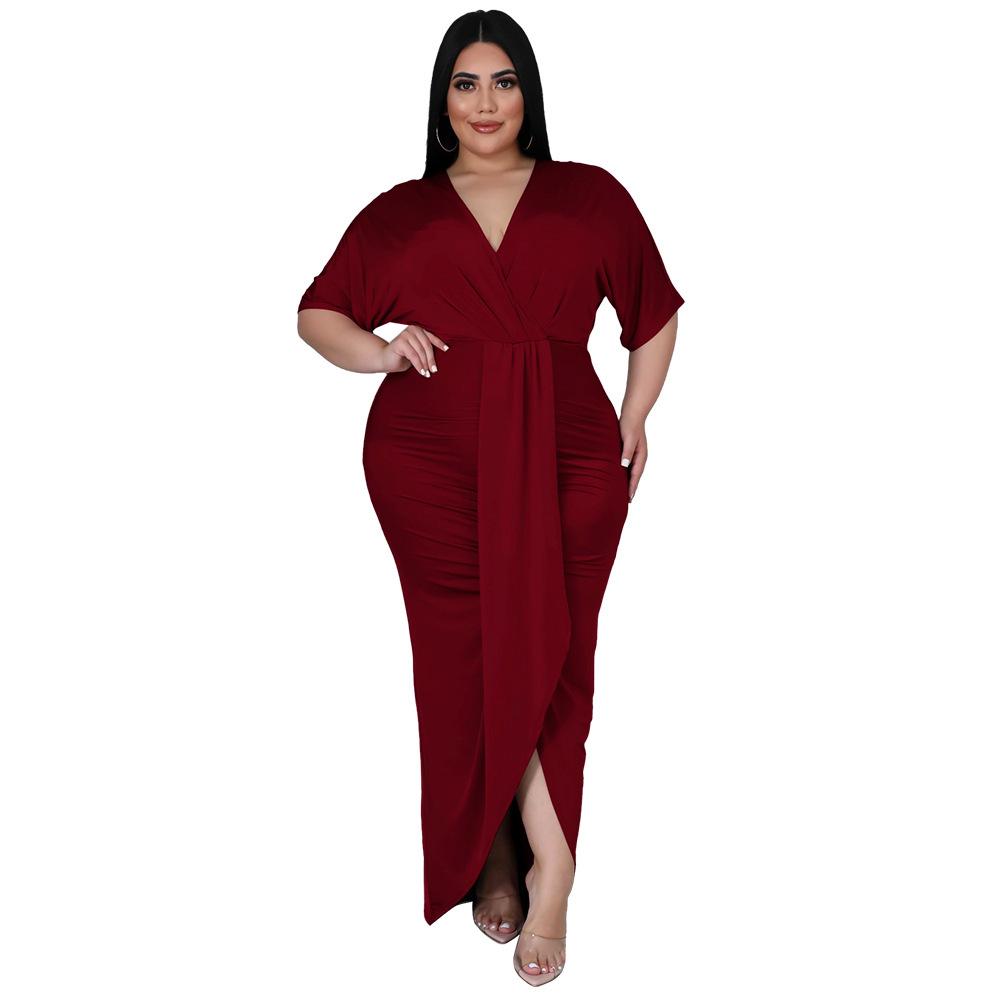 Fashion Plus Size Women's Sexy Nightclub Irregular Split V-Neck Dress