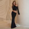 Women's Autumn Fashion Personality Oblique Shoulder Metal Decoration Flared Sleeve Top High Waist Skirt Set