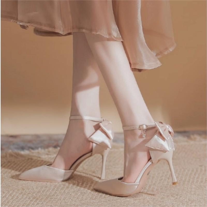 Fashion Women Elegant Nude High Heels Pumps Shallow Mouth Slip on Stiletto High Heel Shoes Woman Sexy Bows Point Toe Party Banquet Shoes