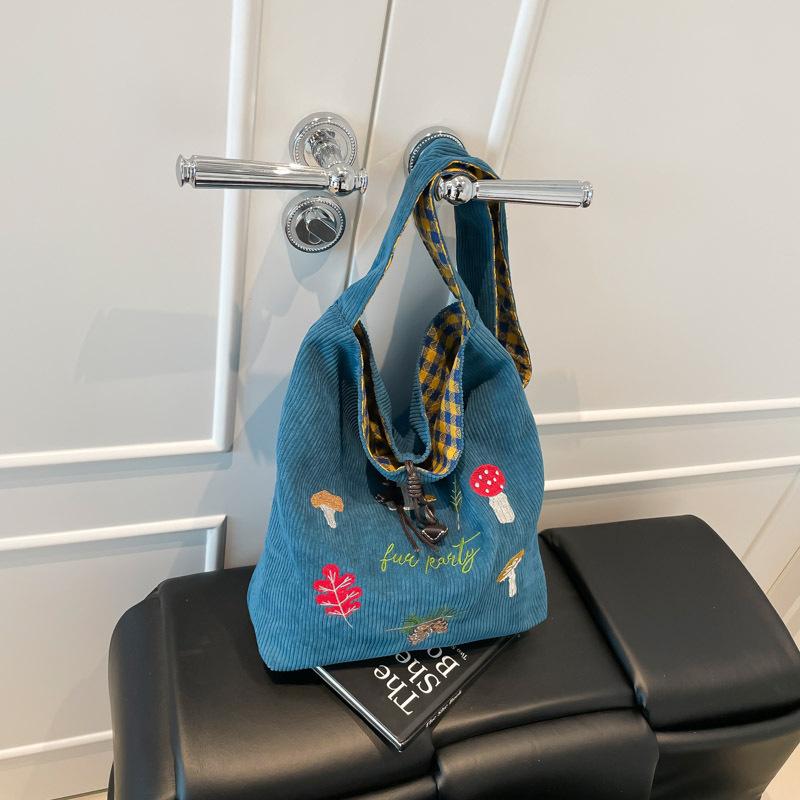 Mori Mushroom Embroidered Shoulder Messenger Bag Corduroy Plaid Double-sided Bag Autumn and Winter New Retro Student Class Bag