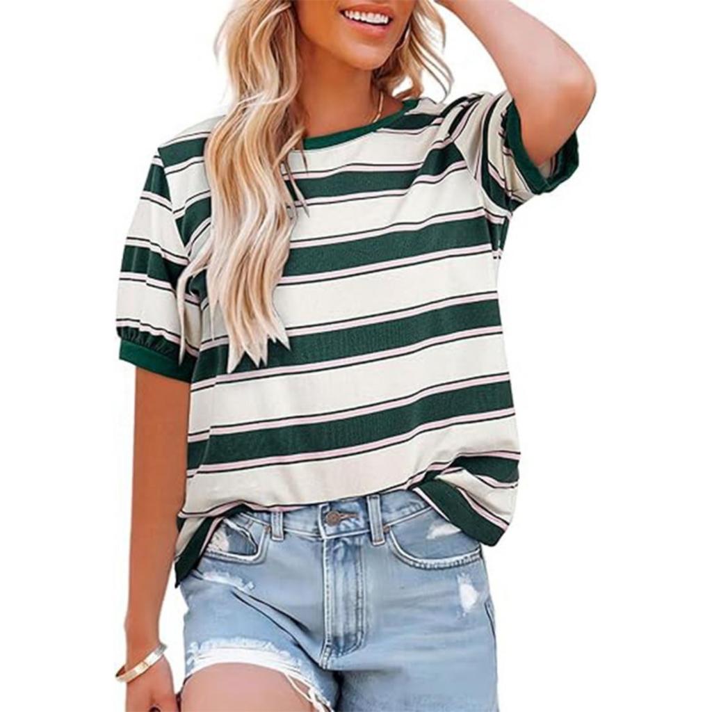 New Striped Casual Loose Crew Neck T-Shirt for Women, Trendy European American Style Women's Top