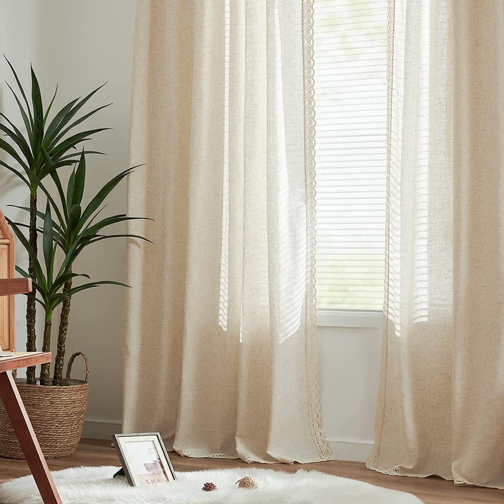 Boho Cotton Linen Curtains, Semi Sheer Natural Fabrics Curtains Tassel Rod Pocket, Farmhouse Curtains for Living Room Bedroom