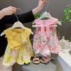 Cute Summer Girls Outfit With Peter Pan Collar Bunny Print Floral Top And Bloomers Shorts Two Piece Set For Toddler Kids