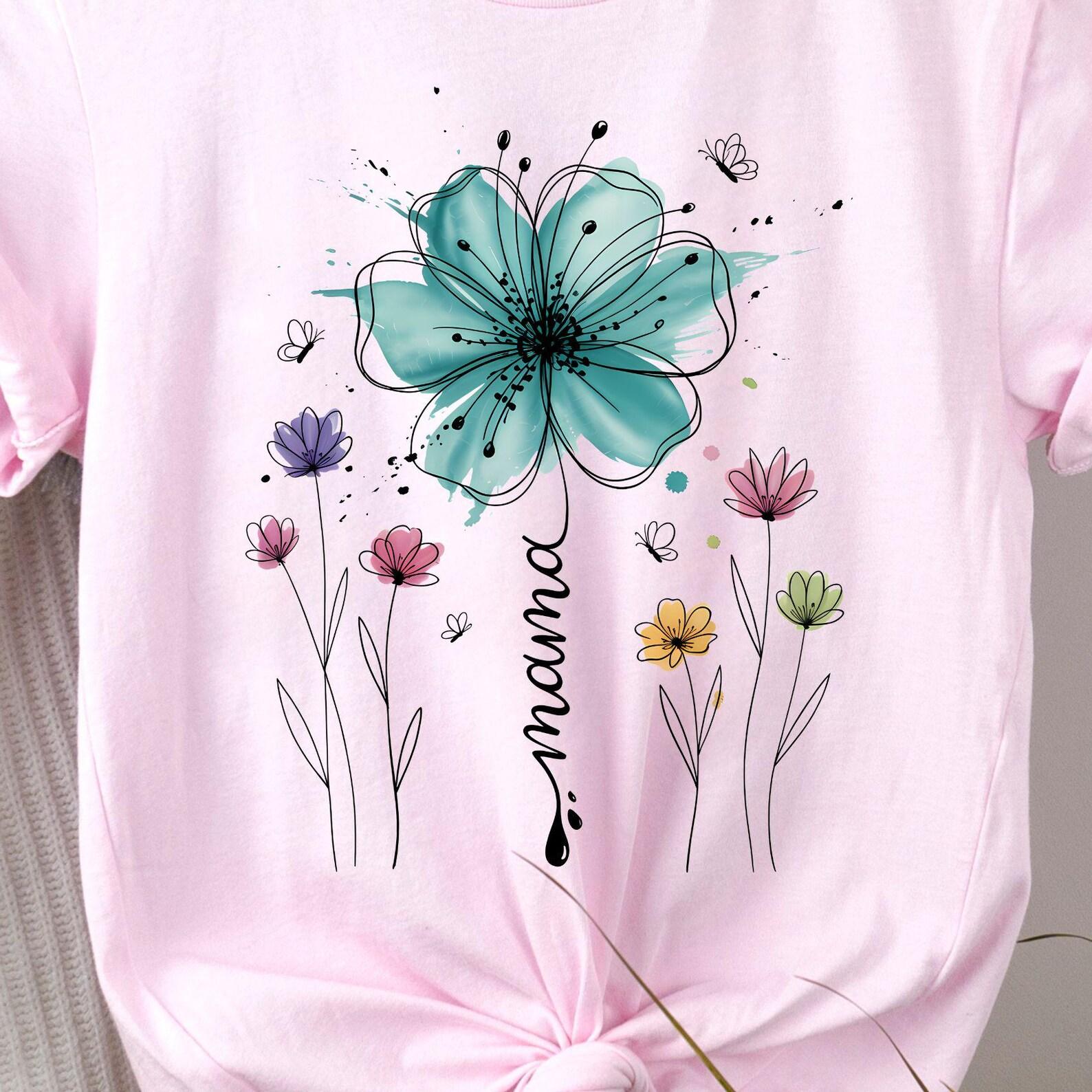 Teal Floral mama Script Tee | Flower Illustration T-Shirt, 7 colors 2XL