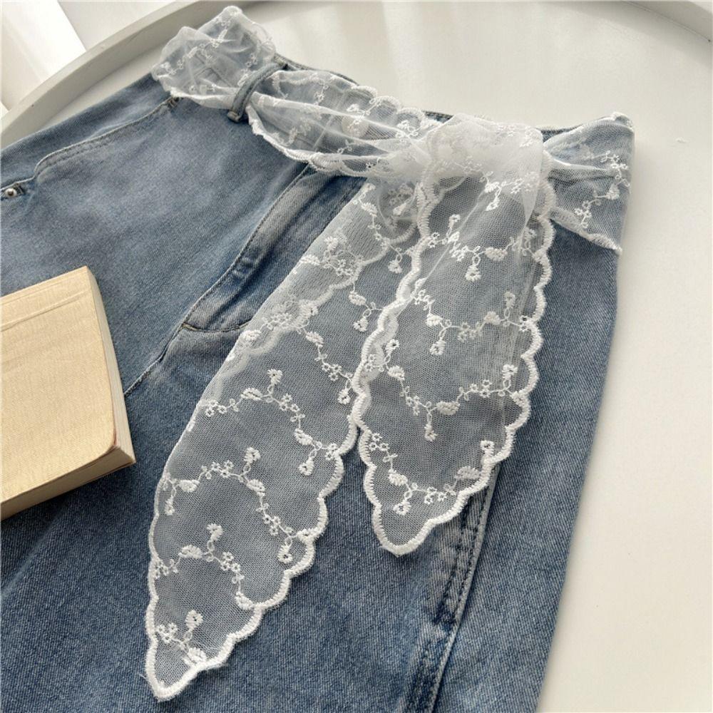 Fashion White Sweet Lace Belt Bow Tie Flowers Embroidery Bohemian Waist Chain Waist Decoration Neck Scarf Women Accessories