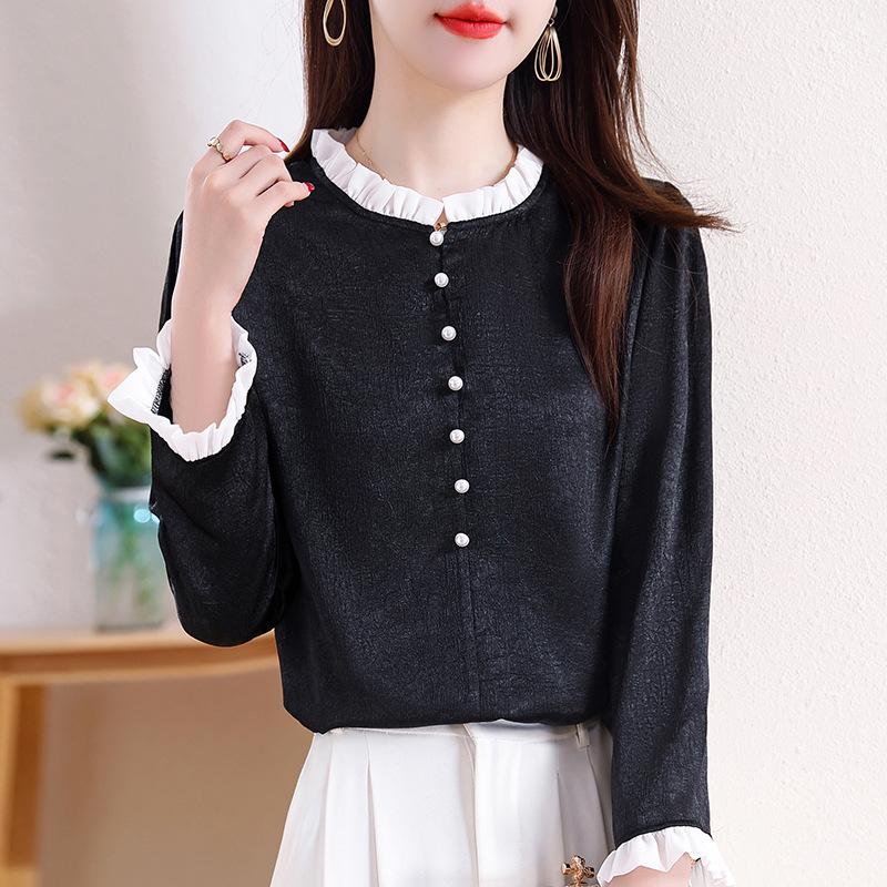 Beaded French Light Luxury Satin Shirt with Contrast Stitching - Spring 2025 Xiaoxiang Style Women's Top
