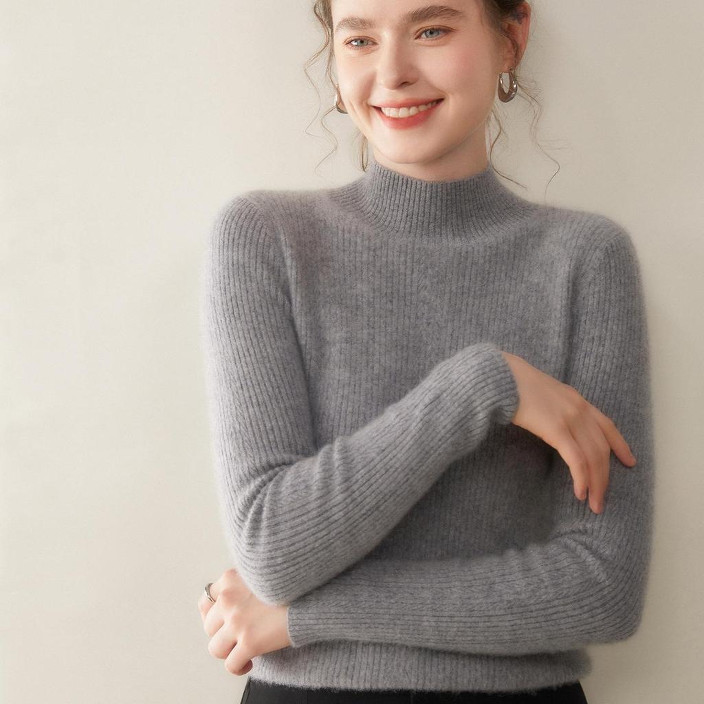 Women's Autumn/Winter Cashmere Sweater: Long Sleeve, Twelve Gauge, Half-High Collar, Patterned Warm Base Layer for Elegant Commute.