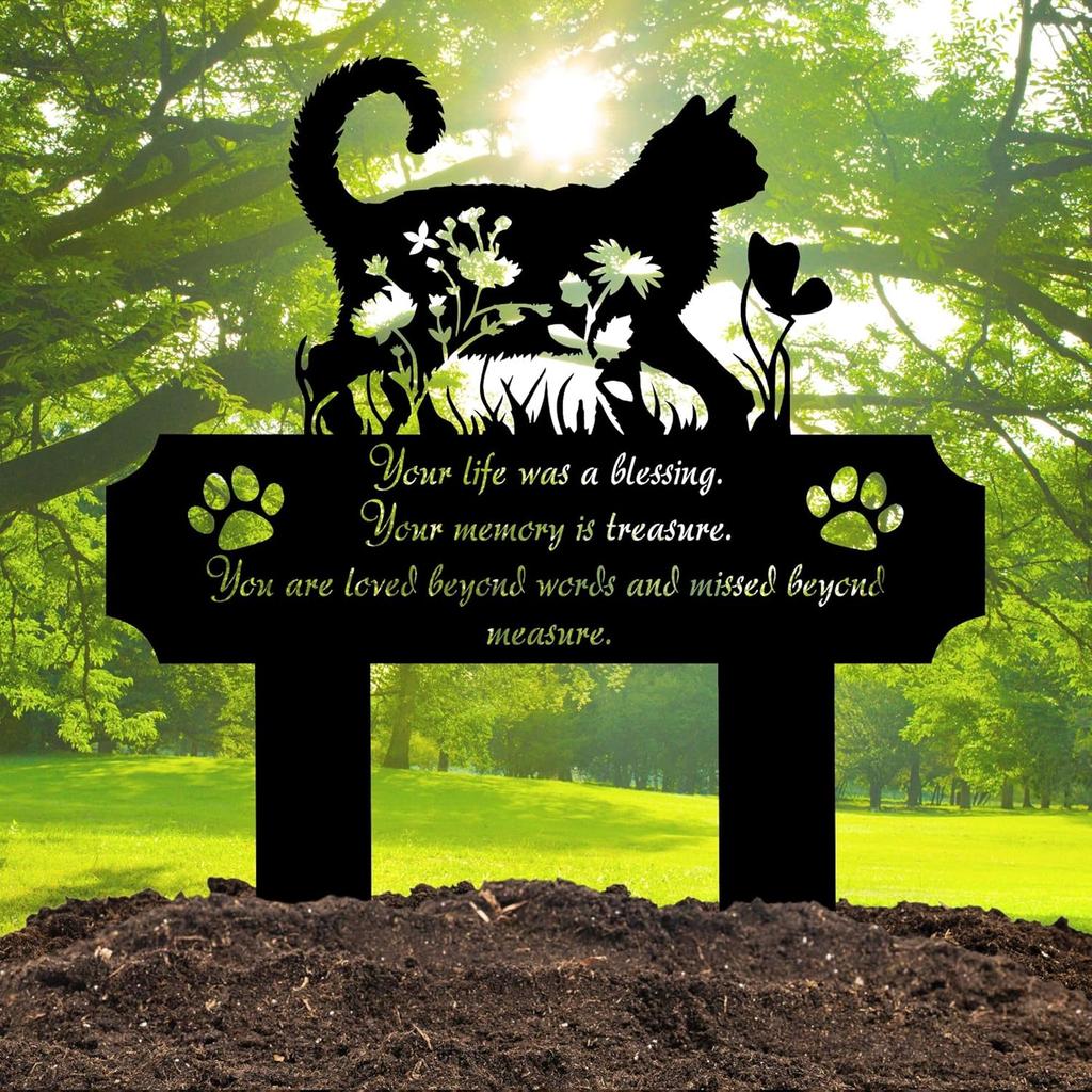 Cat Grave Marker Outdoor Memorial – 12in Metal Pet Memorial Plaque with Garden Cat Silhouette, Weatherproof Headstone for Yard or Indoor Tribute,