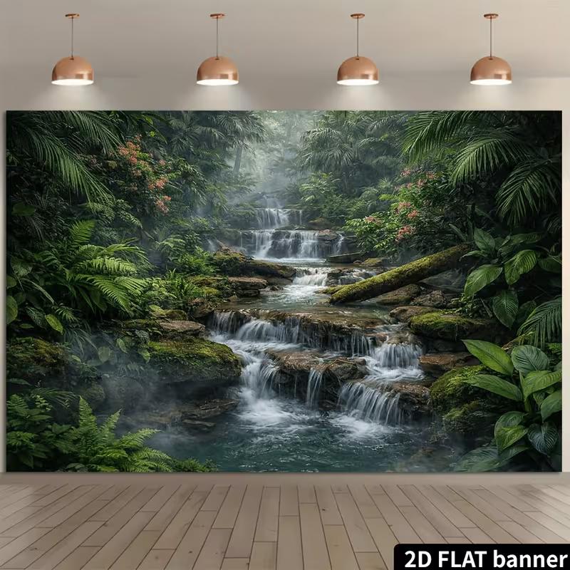 2D Tropical Jungle Banner with Palm Trees and Ferns Photo Booth Background Cloth