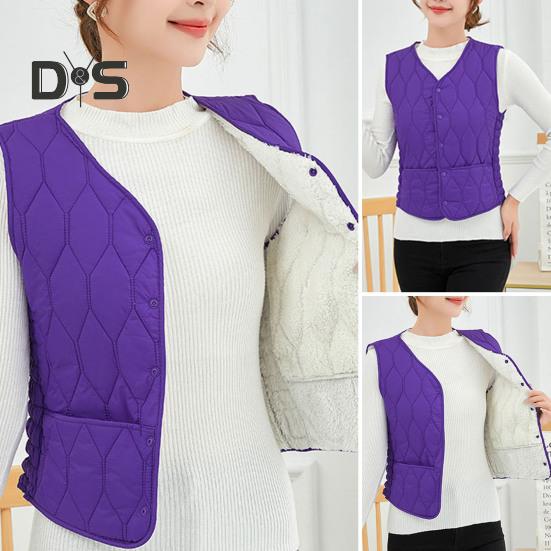 Women Fall Winter Vest Coat Soft Thick Padded Sleeveless Single Breasted Solid Color V Neck Cardigan Slim Fit Warm Pockets Lady Waistcoat