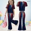 Girls Red Blue White Printed Round Neck Short Sleeve Top Flared Pants Two Piece Set