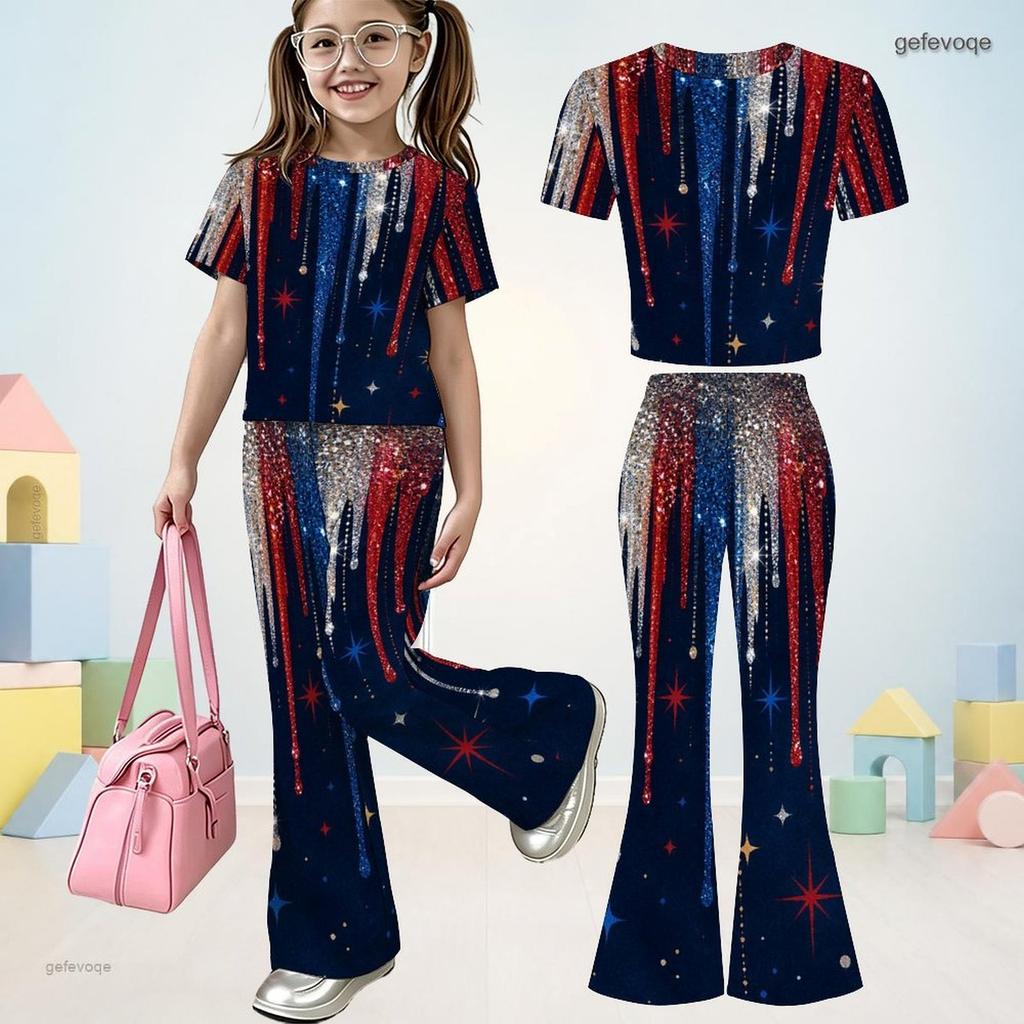 Girls Red Blue White Printed Round Neck Short Sleeve Top Flared Pants Two Piece Set
