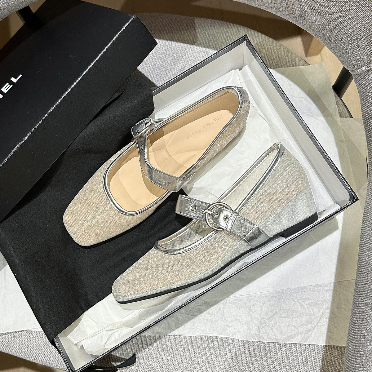 

796-12 Французская пряжка ремня туфли на среднем каблуке женские весенние с пайетками сетчатые с внутренней танкеткой туфли Мэри Джейн 40 серебряный