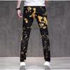 New Men's Jeans With Gold Print Trend Slim Fit And Elastic Small Leg Mid Waist Flower Pants Trend