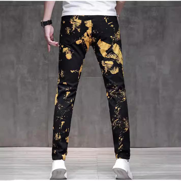 New Men's Jeans With Gold Print Trend Slim Fit And Elastic Small Leg Mid Waist Flower Pants Trend