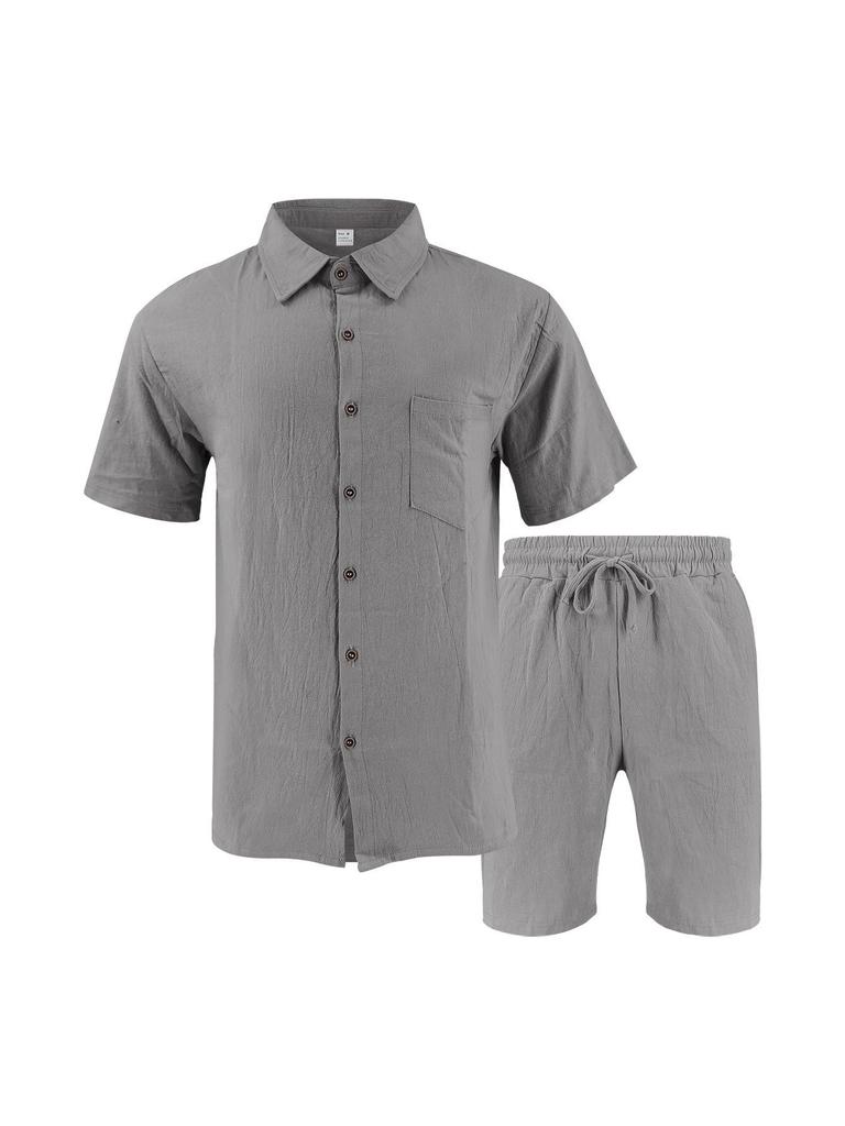 Men's Summer Linen Short-Sleeve Shirt & Shorts Set - Casual Loose Fit, Cotton-Linen Fabric.
