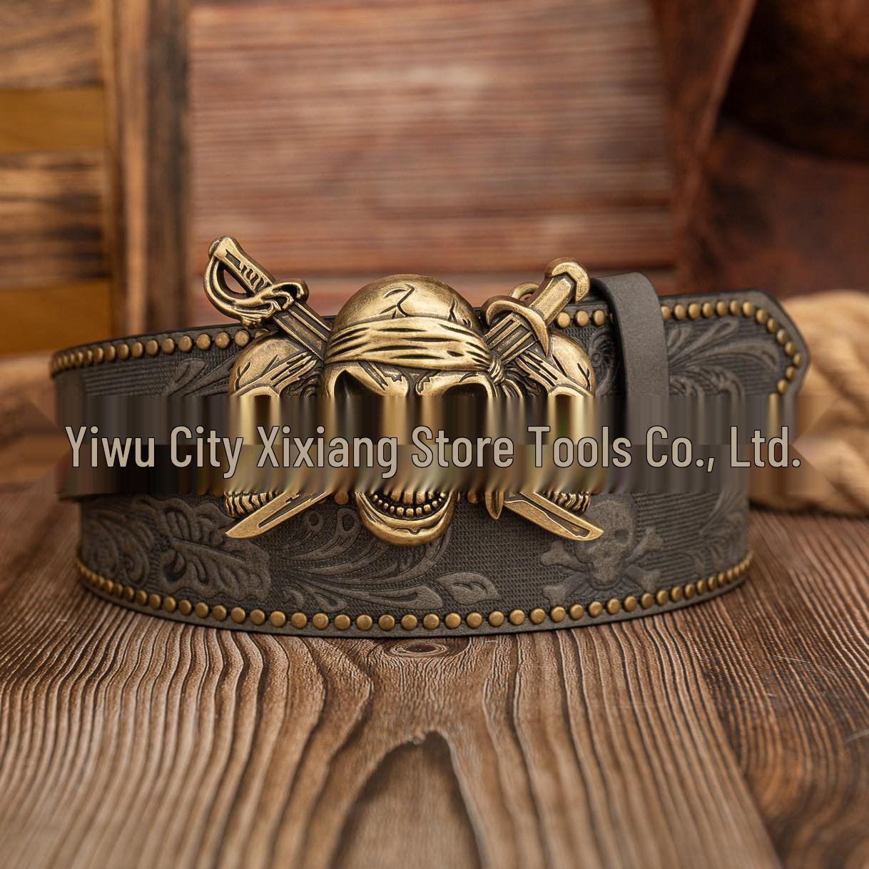 Retro Cross Punk Double Swords Ghost Buckle Western PU Leather Belt 120cm