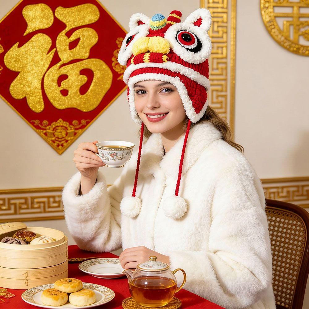 Chinese Style Tiger Knitted Hat Parent-Unisex Traditional Lion Dance Ear Protection Hat Windproof Soft Pullover Hat
