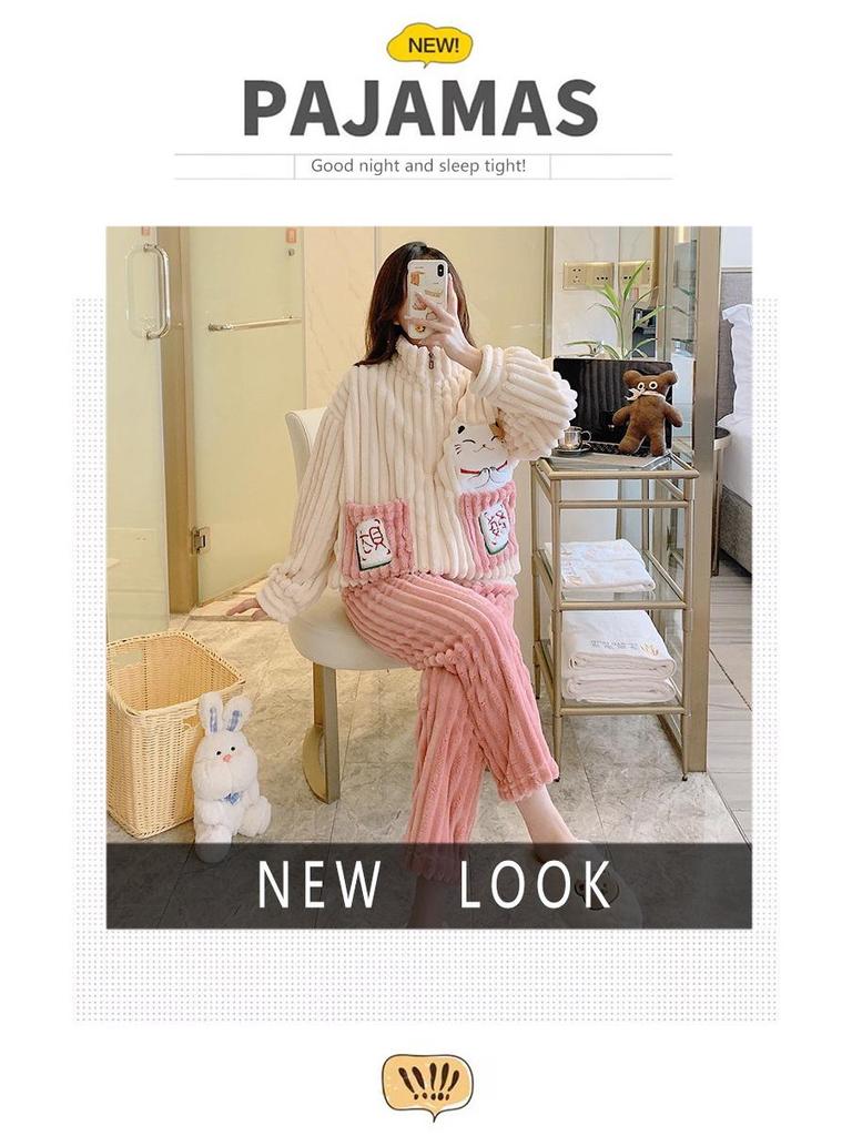 Cozy Coral Fleece Flannel Striped Loungewear for Plus Sizes (up To 220 Lbs) - Cute and Warm for Autumn and Winter