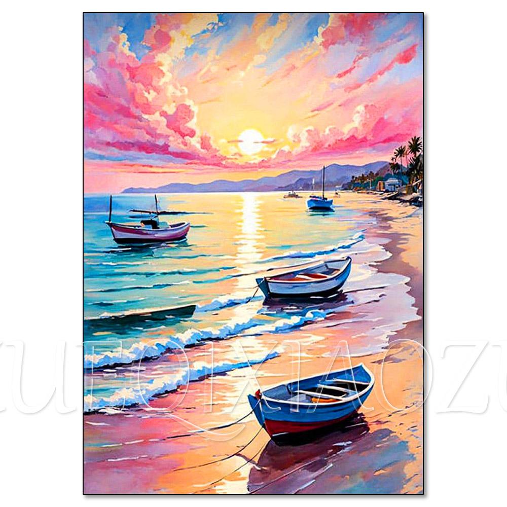 Cactus Sailboat Sunset 5D DIY Diamond Painting Kit Landscape Full Diamond Mosaic Cross Stitch Kit Room Decoration Gift