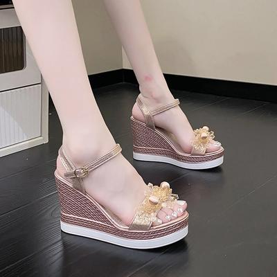 Fashion Women's Sandals 2025 Summer New Pearl Transparent Rhinestones High Heels Buckle Fashion Ladies Wedge Sandals Female Beach Shoes