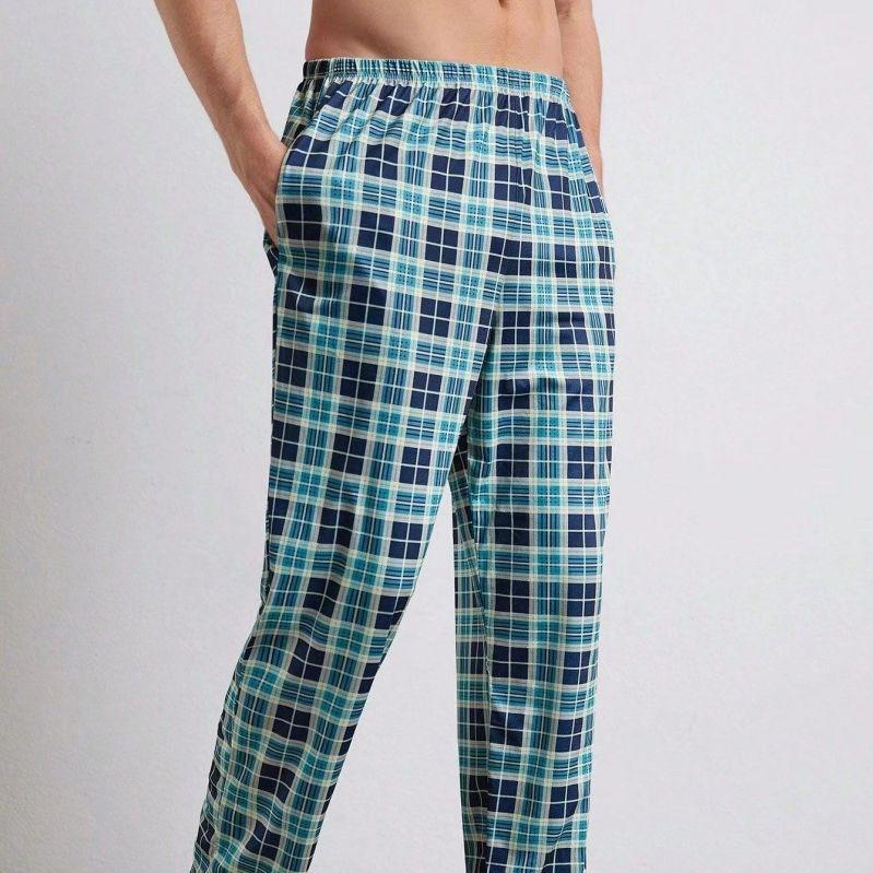 

Чоловічі піжамні штани в клітку з прямими штанинами для відпочинку - зручні, дихаючі та універсальні для дому та на природі Medium (140-160 jin) синій/зелений