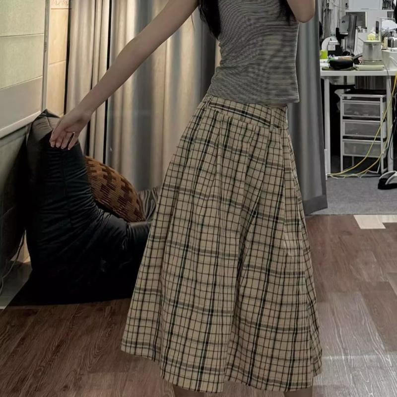 Women's Summer Plaid High-Waist A-Line Midi Skirt - College Preppy Style Versatile Checkered Trendy Skirt